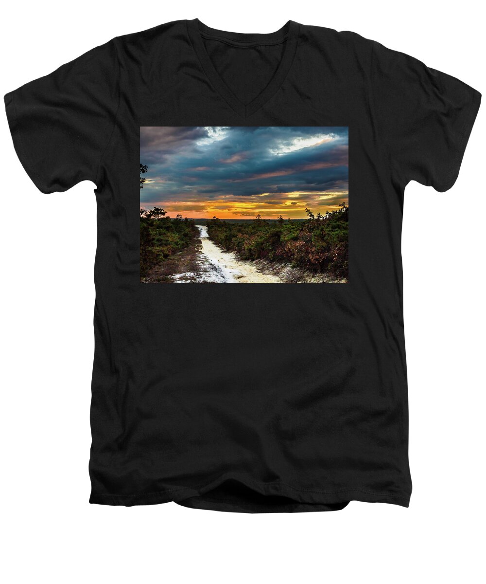 Landscape Men's V-Neck T-Shirt featuring the photograph Road into The Pinelands by Louis Dallara