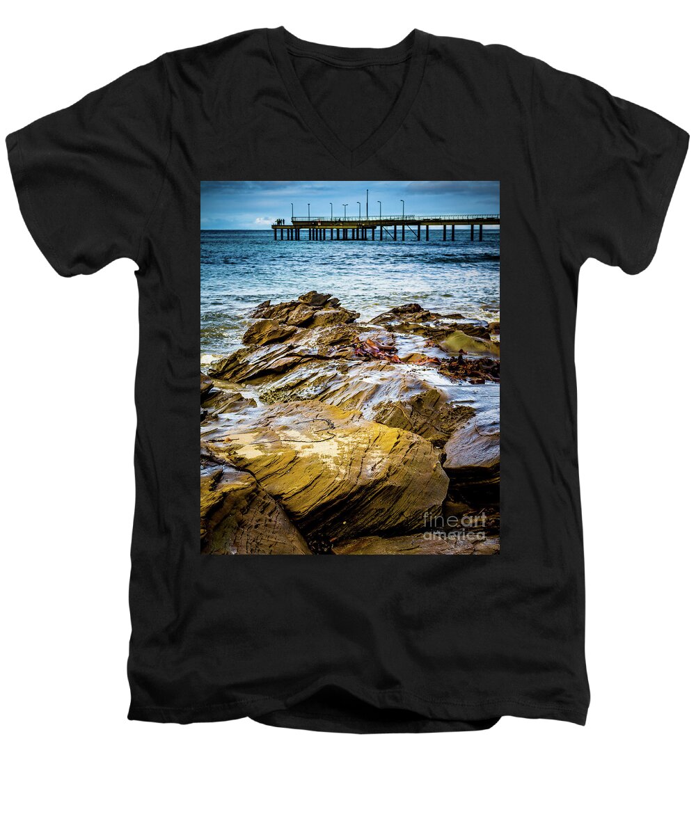 Rocks Men's V-Neck T-Shirt featuring the photograph Rock Pier by Perry Webster