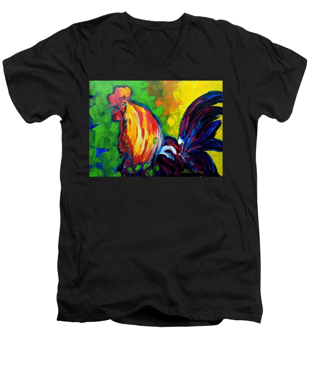 Colorful Animal Art Men's V-Neck T-Shirt featuring the painting Rooster by Lidija Ivanek - SiLa