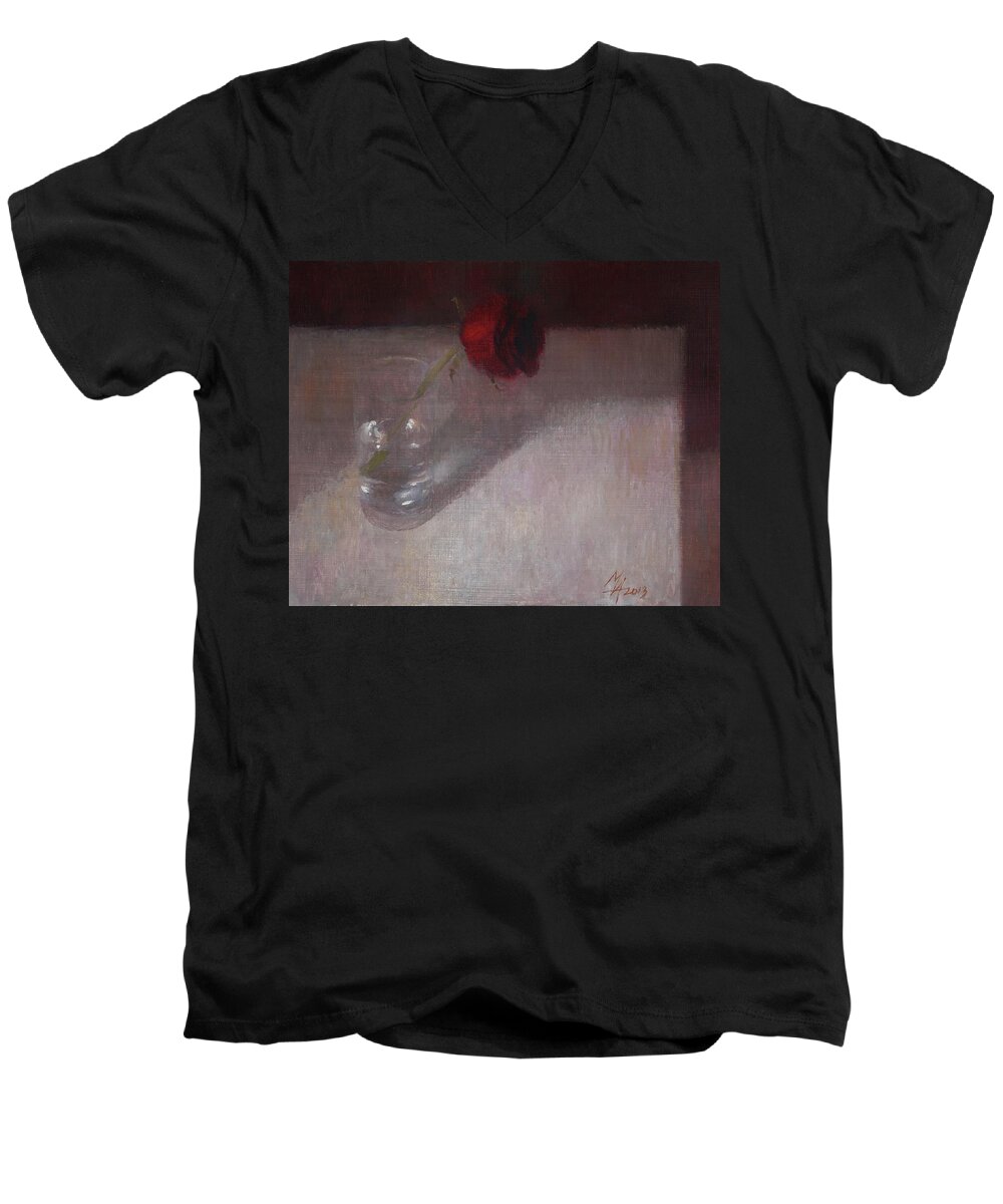 Rose Men's V-Neck T-Shirt featuring the painting Rose in Glass by Attila Meszlenyi