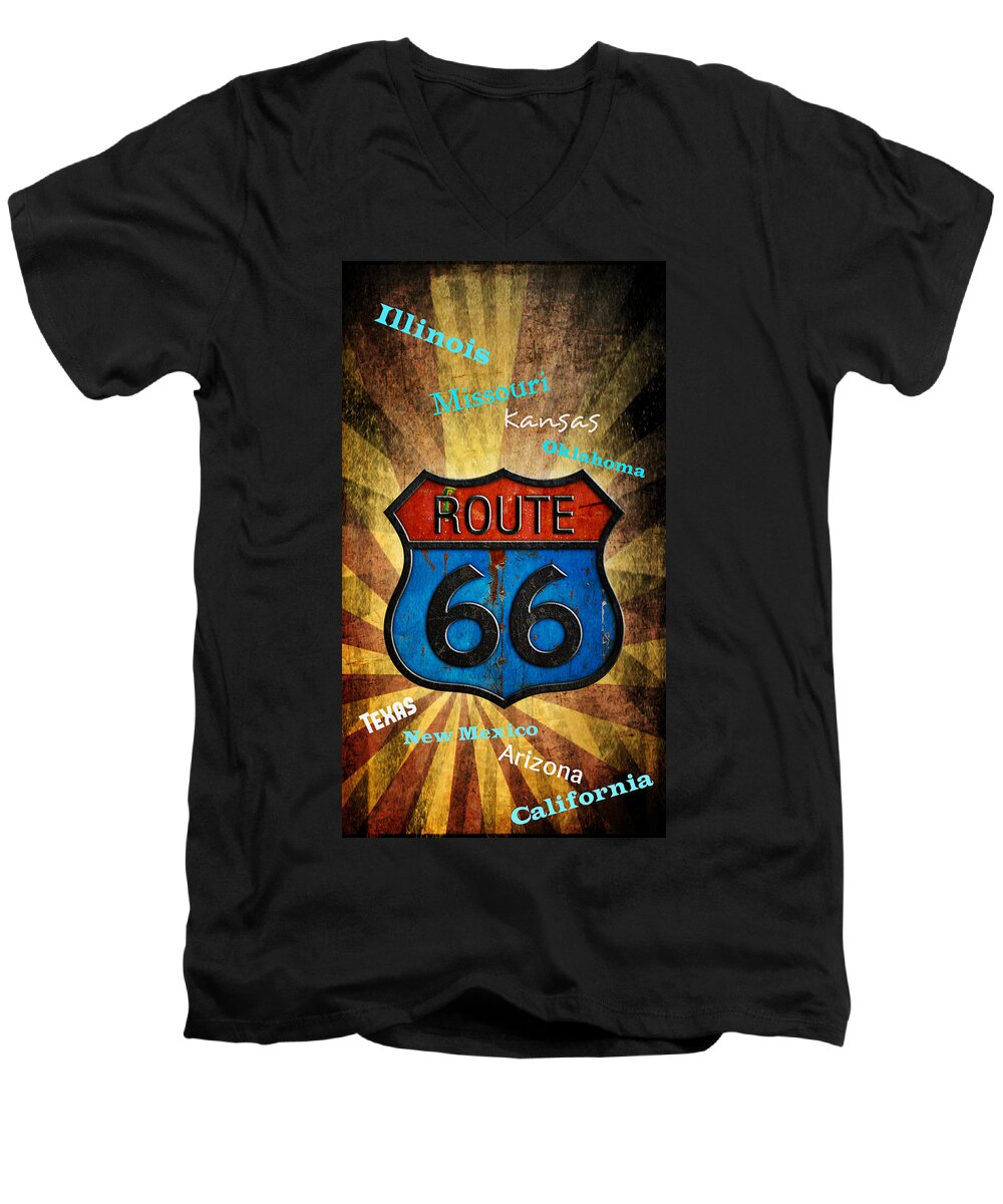 Route Men's V-Neck T-Shirt featuring the digital art Route 66 by Rumiana Nikolova