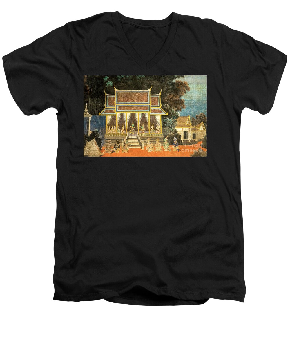 Cambodia Men's V-Neck T-Shirt featuring the photograph Royal Palace Ramayana 18 by Rick Piper Photography