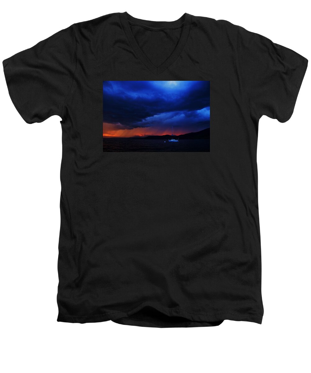 Lake Tahoe Men's V-Neck T-Shirt featuring the photograph Sailboat in Thunderstorm by Sean Sarsfield