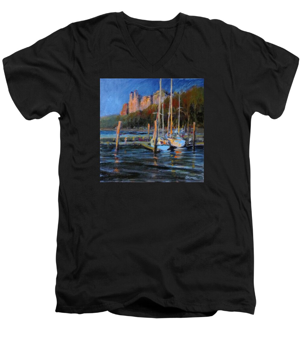Landscape Men's V-Neck T-Shirt featuring the painting Sailboats at Dusk, Hudson River by Peter Salwen