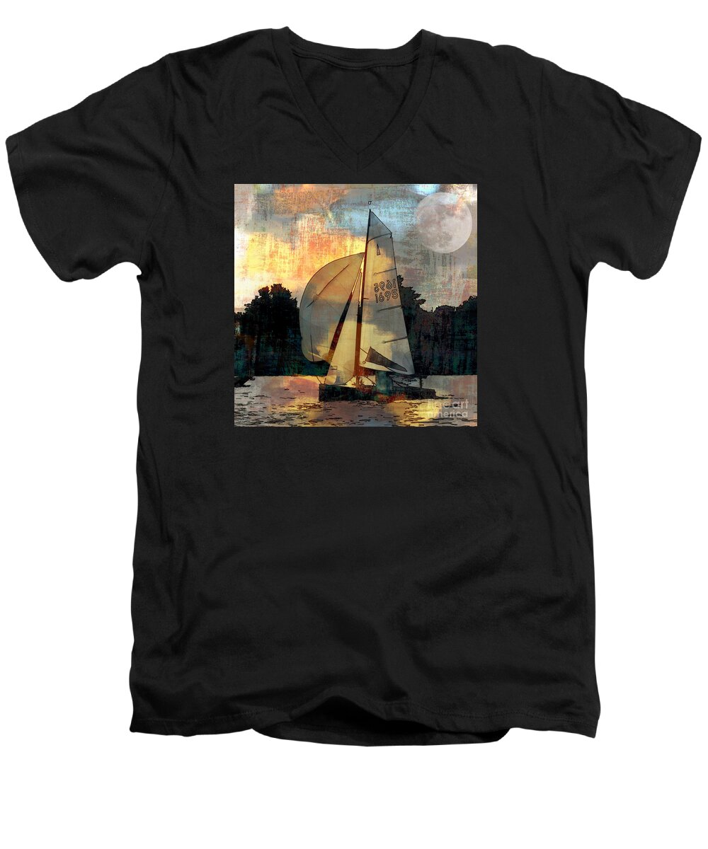 Manipulated Men's V-Neck T-Shirt featuring the photograph Sailing into the Sunset by LemonArt Photography