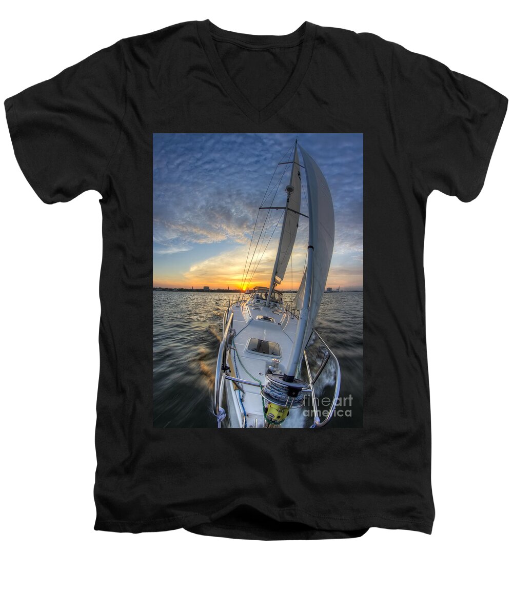 Sailing Sunset Sailboat Fate Charleston Men's V-Neck T-Shirt featuring the photograph Sailing Sunset Sailboat Fate Charleston by Dustin K Ryan
