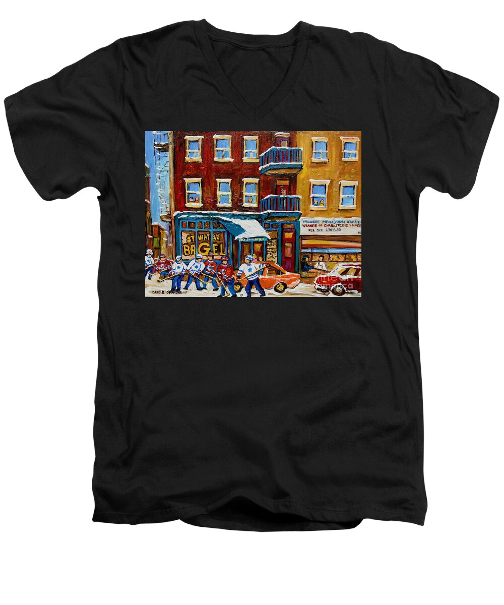 Montreal Men's V-Neck T-Shirt featuring the painting Saint Viateur Bagel With Hockey by Carole Spandau