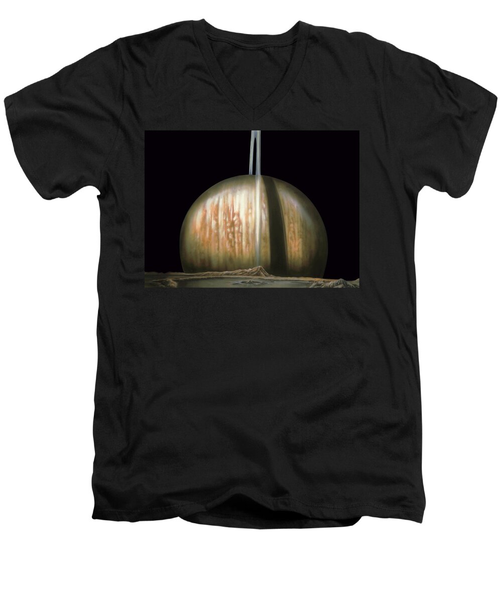 Space Men's V-Neck T-Shirt featuring the painting Saturn Rising by Wayne Pruse