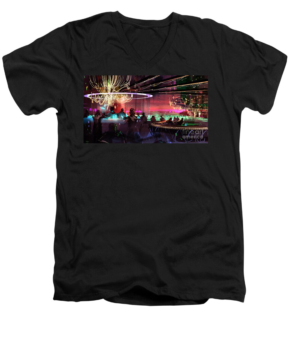 Club Men's V-Neck T-Shirt featuring the painting Sci-fi lounge by Tithi Luadthong