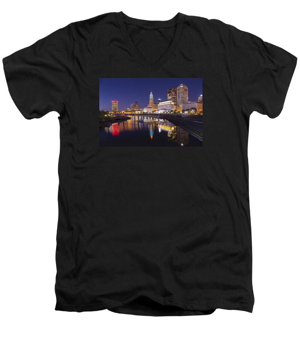 Columbus Men's V-Neck T-Shirt featuring the photograph Scioto Reflections - Columbus by Alan Raasch