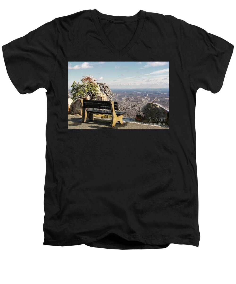 Bench Men's V-Neck T-Shirt featuring the photograph Seat With a View by Nicki McManus