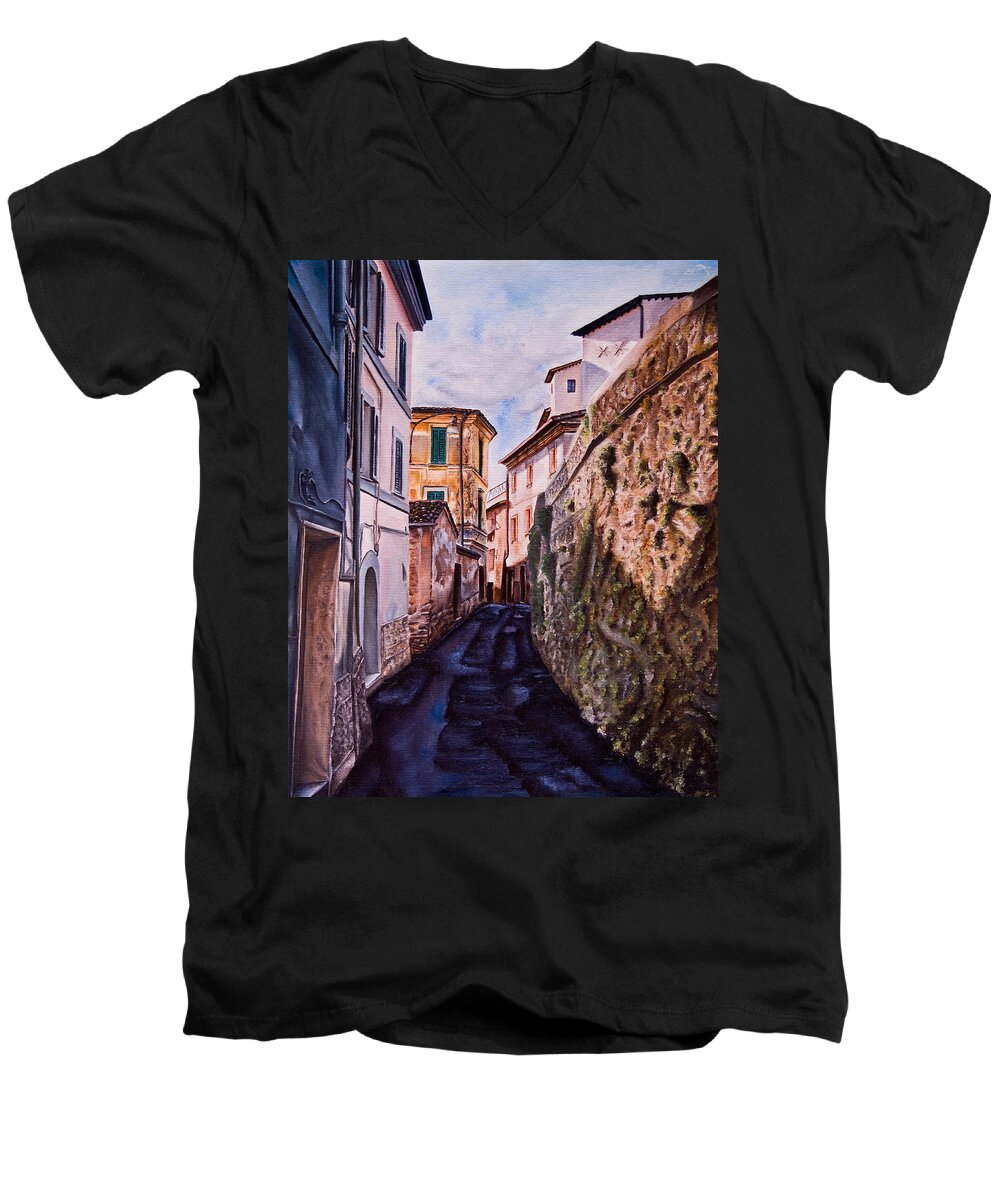 History Men's V-Neck T-Shirt featuring the painting Shaded Street by Michelangelo Rossi