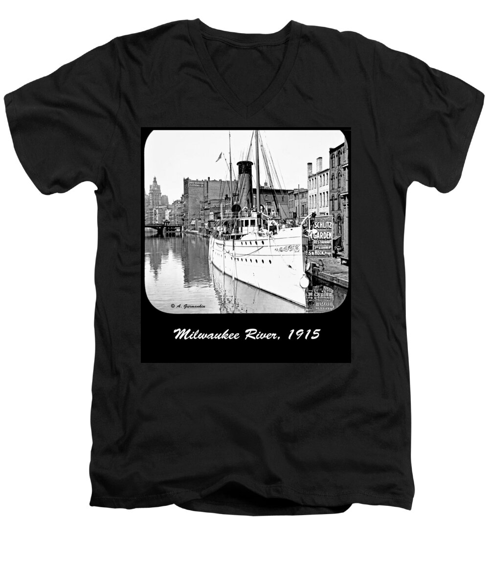 Urban Men's V-Neck T-Shirt featuring the photograph Ship in Milwaukee River c 1915 by A Macarthur Gurmankin