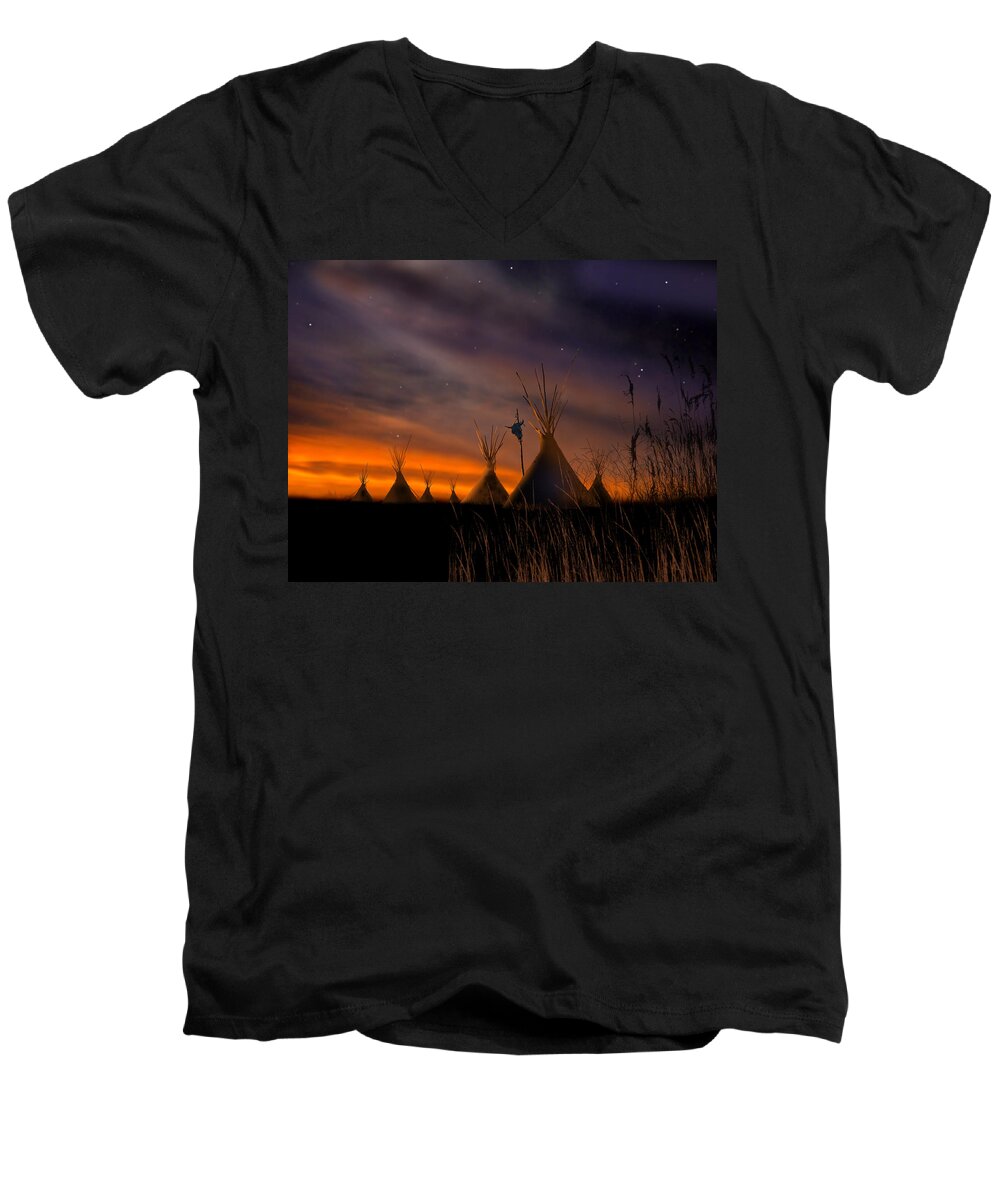 Native American Men's V-Neck T-Shirt featuring the painting Silent Teepees by Paul Sachtleben