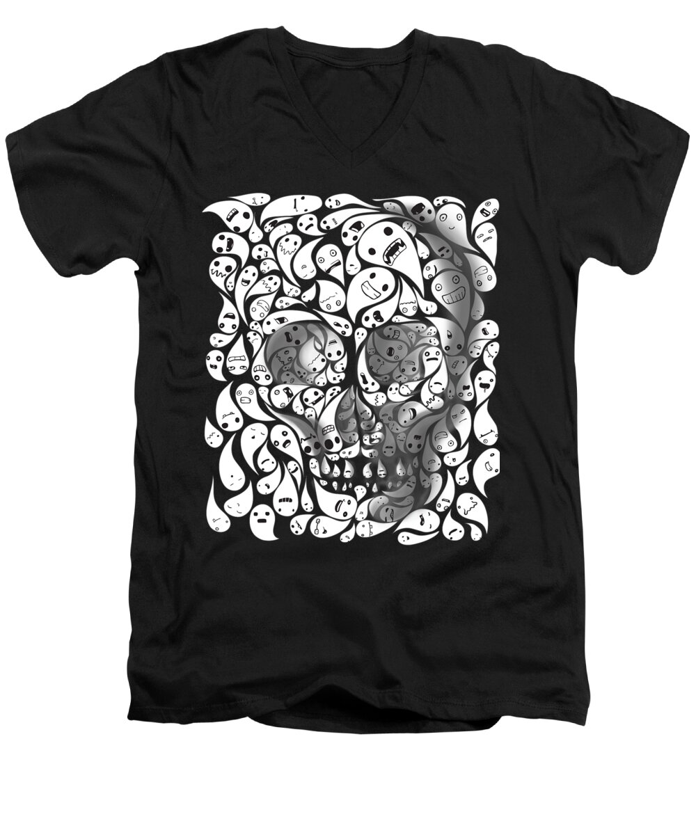 Skull Men's V-Neck T-Shirt featuring the painting Skull Doodle by Sassan Filsoof