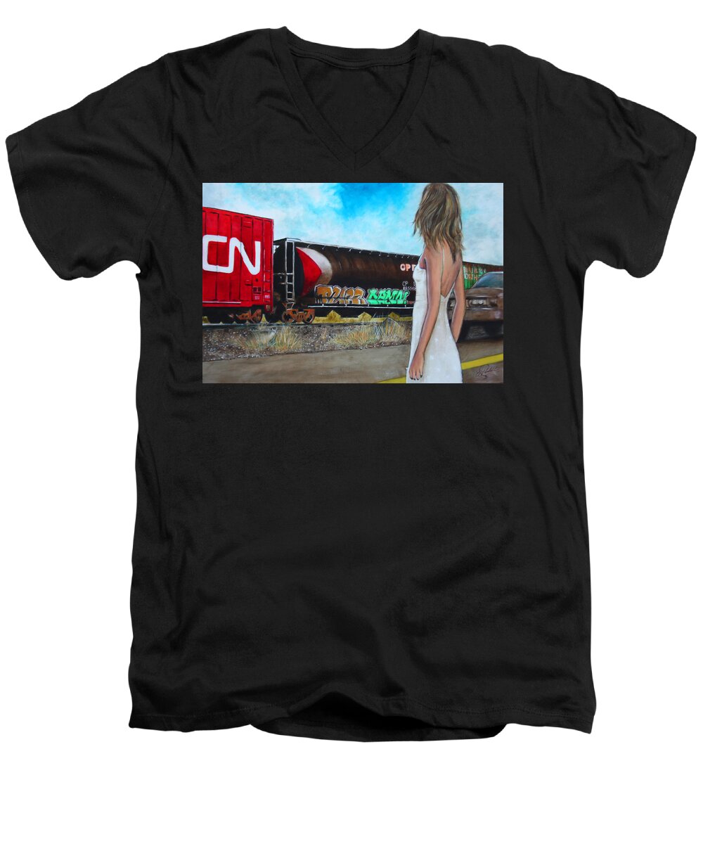 Oil Men's V-Neck T-Shirt featuring the painting Slow Train Coming by William Gambill