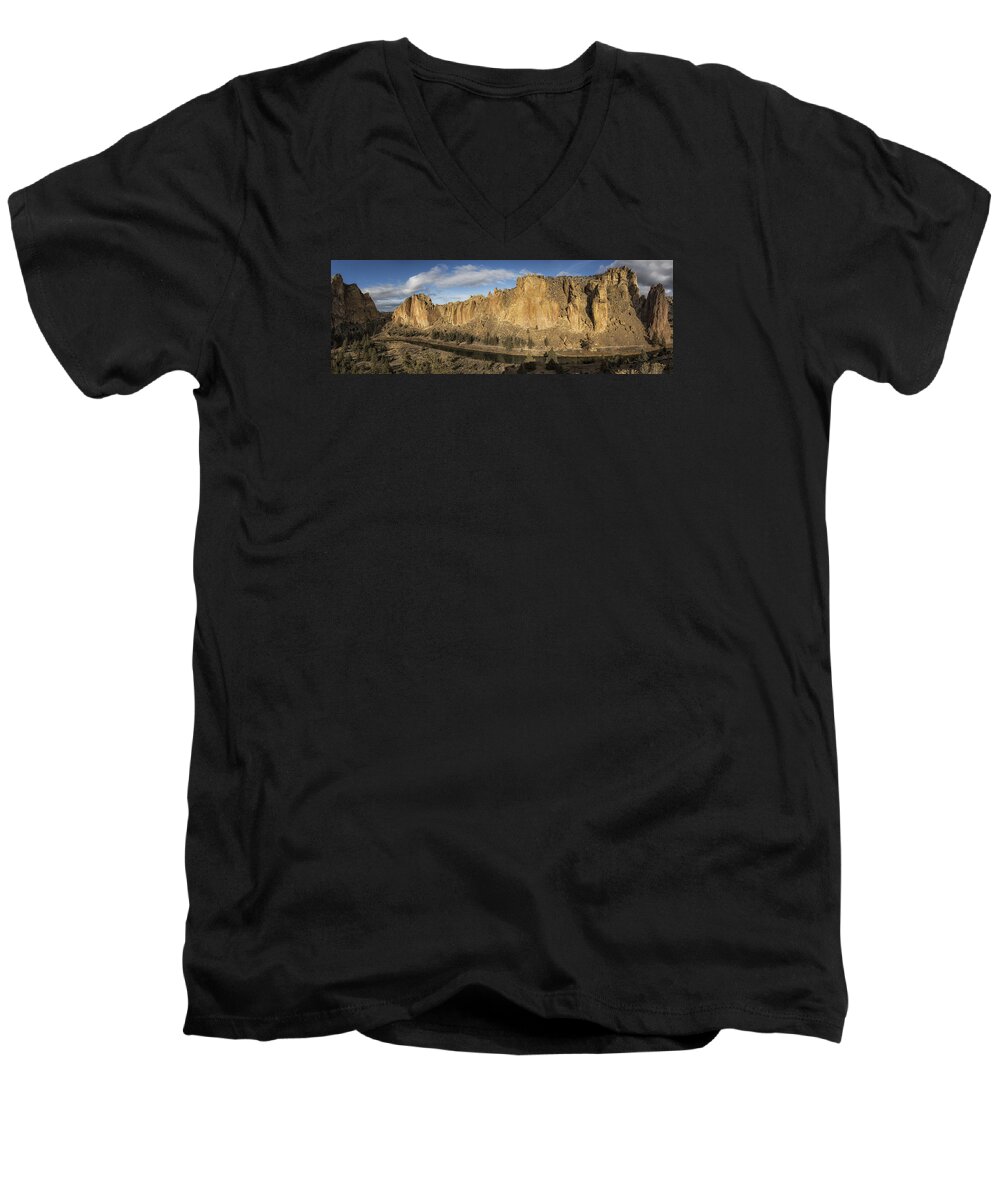 Smith Rock Men's V-Neck T-Shirt featuring the photograph Smith Rock and Crooked River Panorama by Belinda Greb
