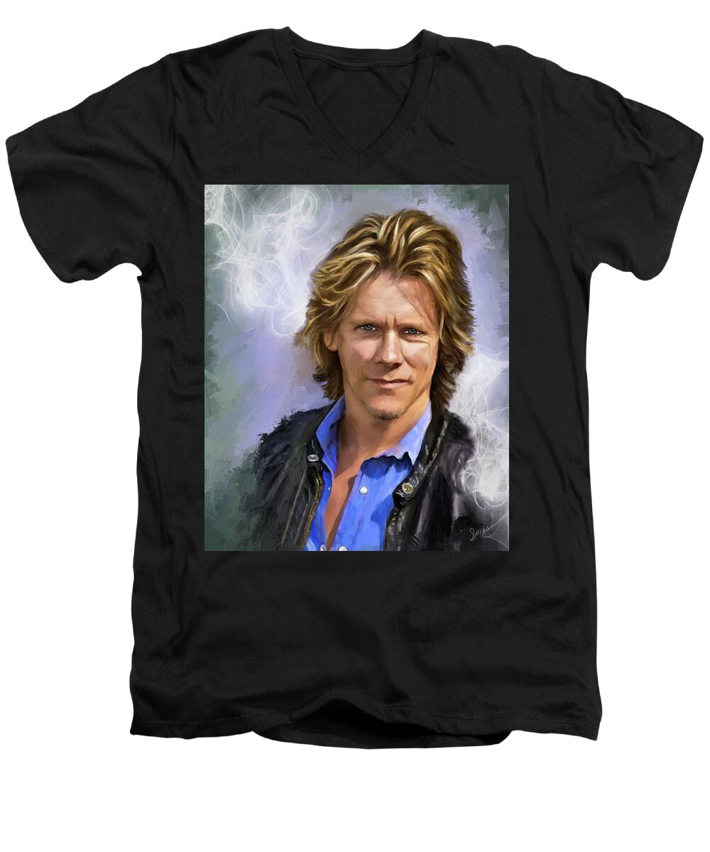 Kevin Bacon Men's V-Neck T-Shirt featuring the digital art Smoking Hot Bacon by Susan Kinney