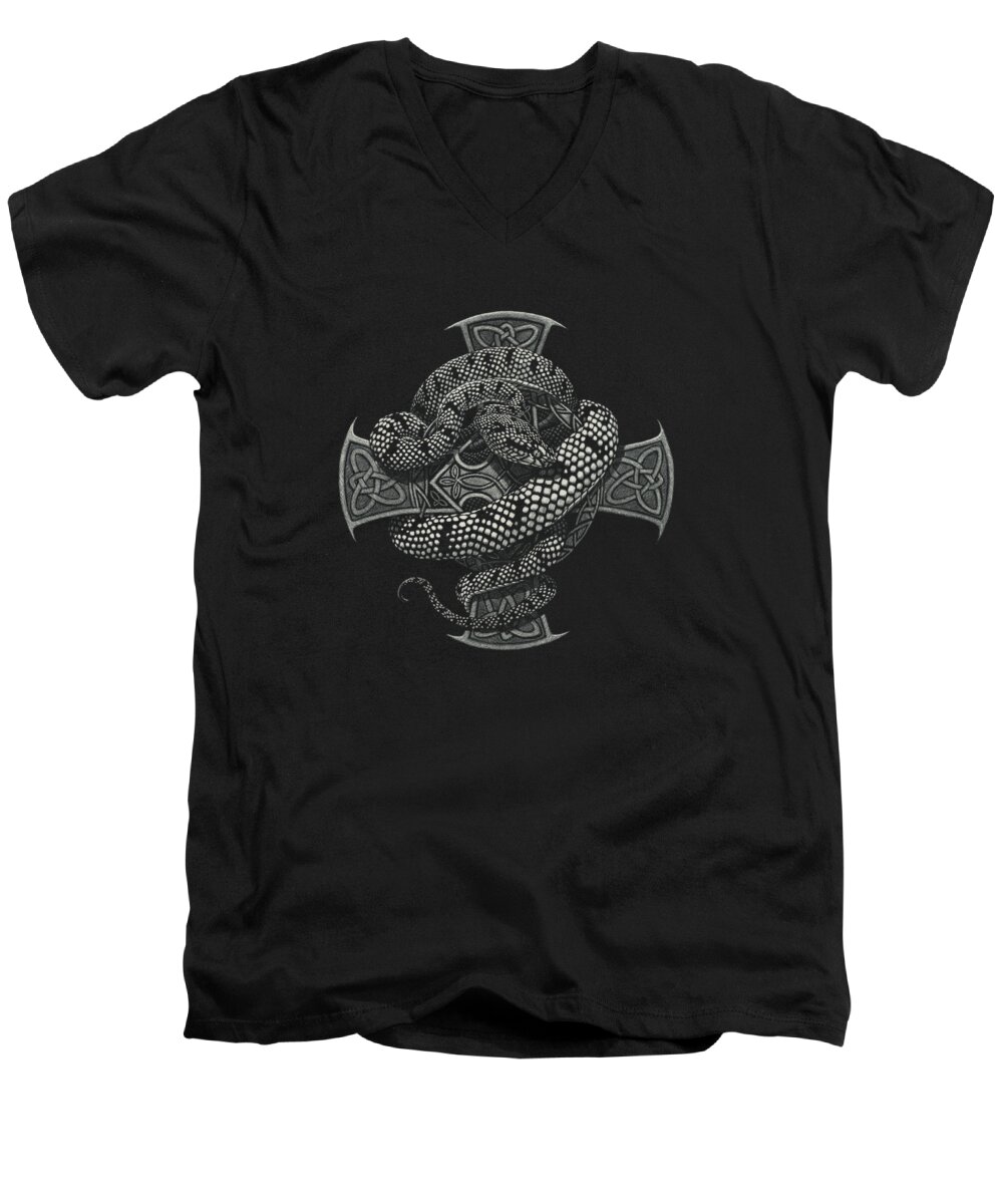 Snake Men's V-Neck T-Shirt featuring the drawing Snake Cross t-shirt by Stanley Morrison