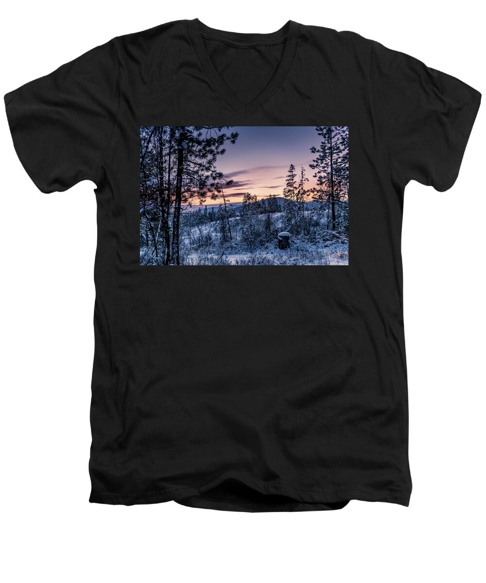 Photograph Men's V-Neck T-Shirt featuring the photograph Snow Coved Trees and Sunset by Lester Plank