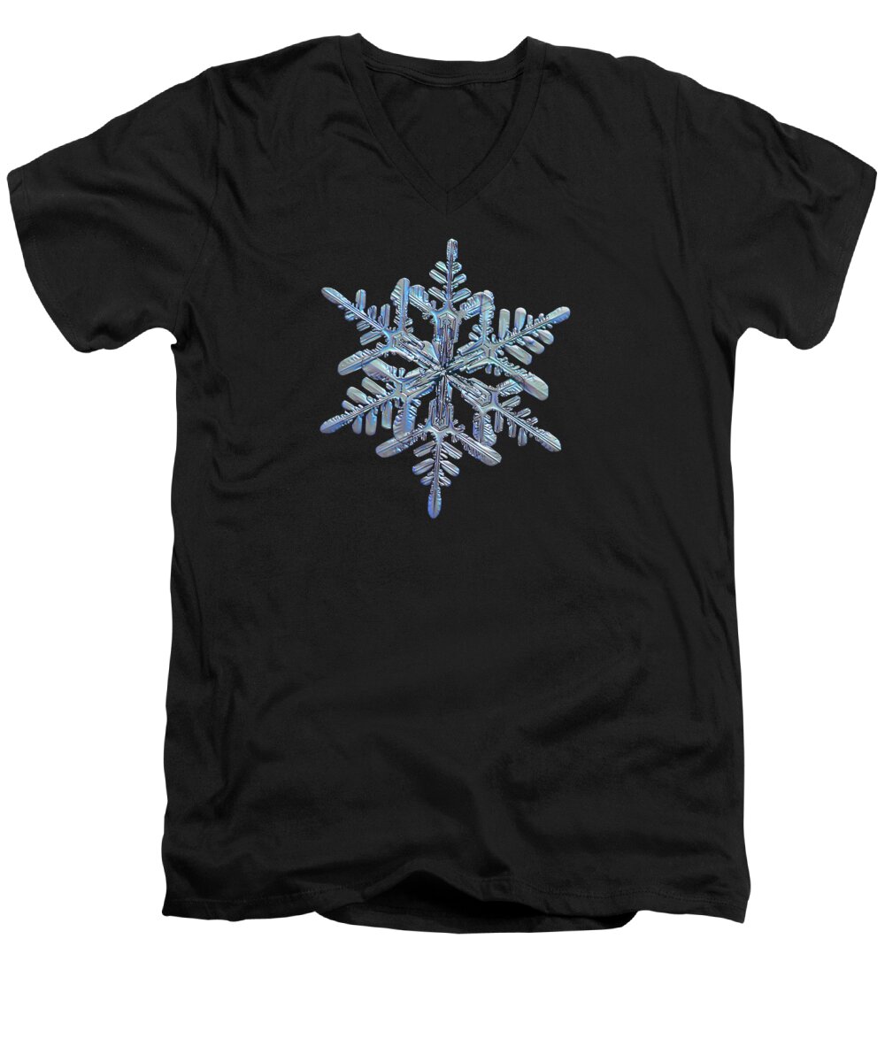 Snowflake Men's V-Neck T-Shirt featuring the photograph Snowflake macro photo - 13 February 2017 - 1 black by Alexey Kljatov