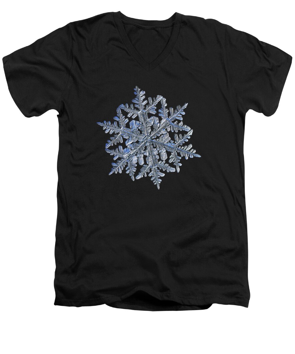 Snowflake Men's V-Neck T-Shirt featuring the photograph Snowflake macro photo - 13 February 2017 - 3 black by Alexey Kljatov