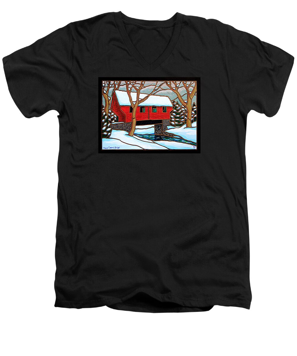 Covered Bridge Men's V-Neck T-Shirt featuring the painting Snowy Covered Bridge by Jim Harris