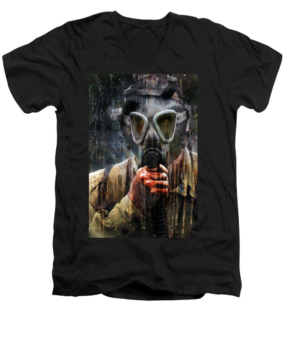 Soldier Men's V-Neck T-Shirt featuring the photograph Soldier in World War 2 Gas Mask by Jill Battaglia
