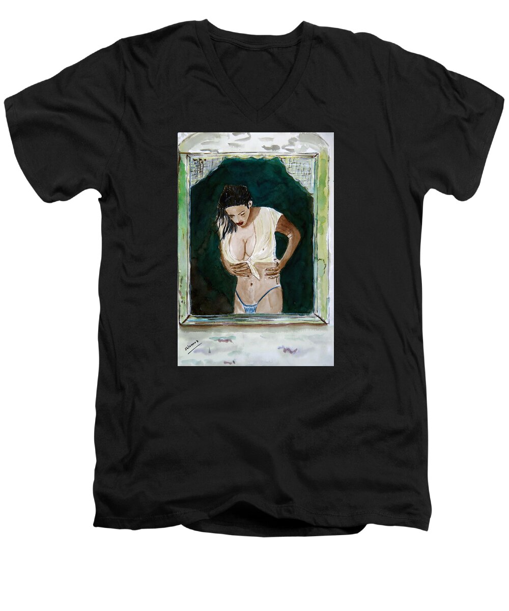 Nude Framed Prints Men's V-Neck T-Shirt featuring the photograph Staring At/// by Shlomo Zangilevitch