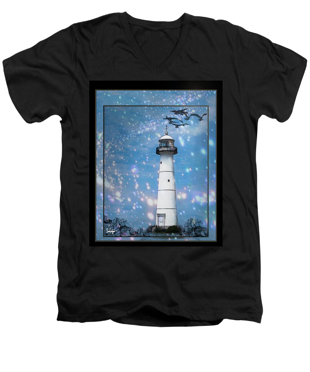 Lighthouse In Biloxi Men's V-Neck T-Shirt featuring the photograph Starlight Lighthouse by Sandra Schiffner