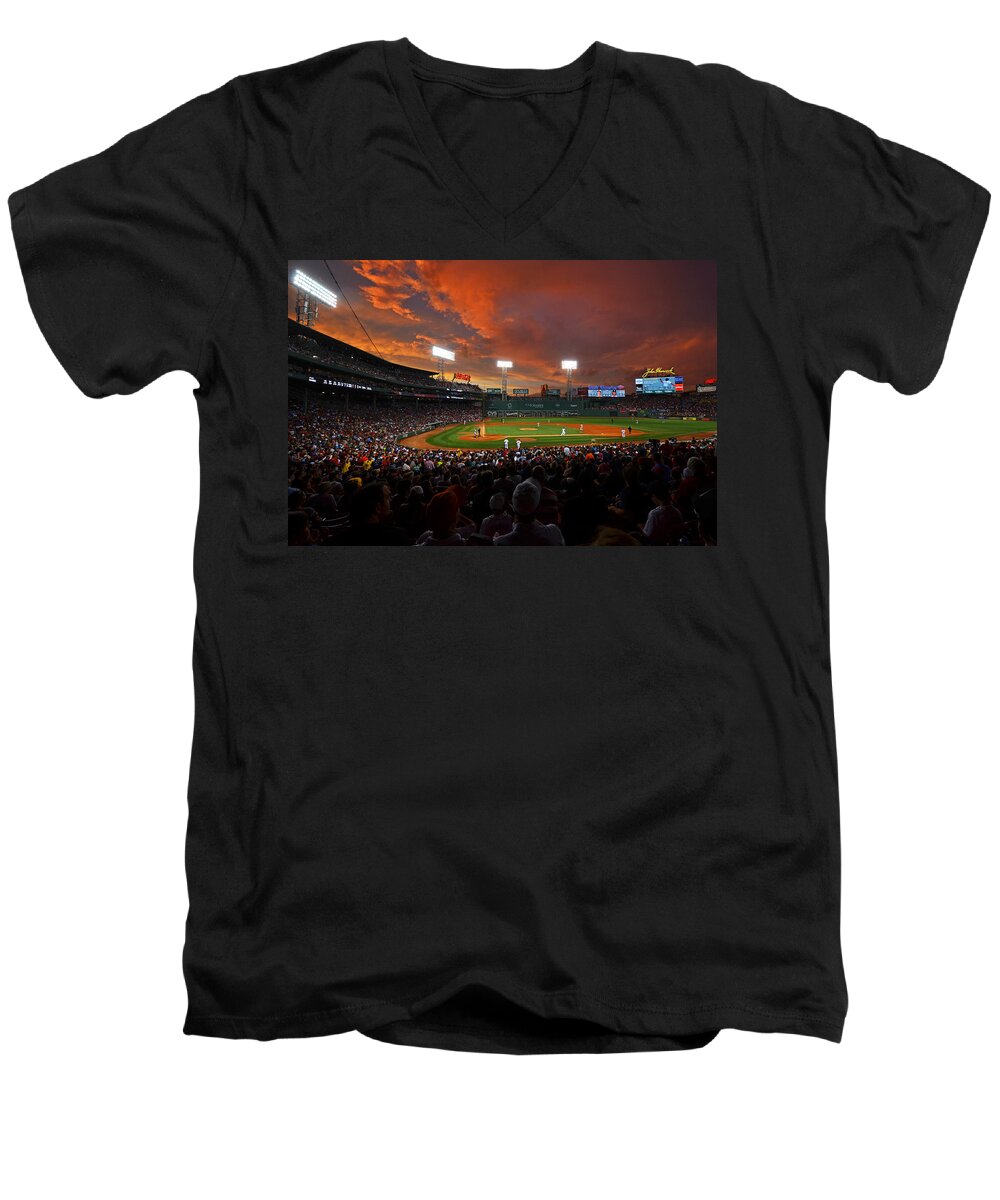 Boston Men's V-Neck T-Shirt featuring the photograph Storm clouds over Fenway Park by Toby McGuire