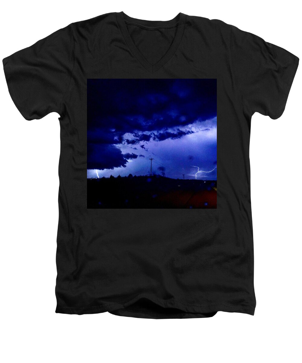 Thunderstorm Men's V-Neck T-Shirt featuring the digital art Storm on Farmer's Turnpike by Michael Oceanofwisdom Bidwell