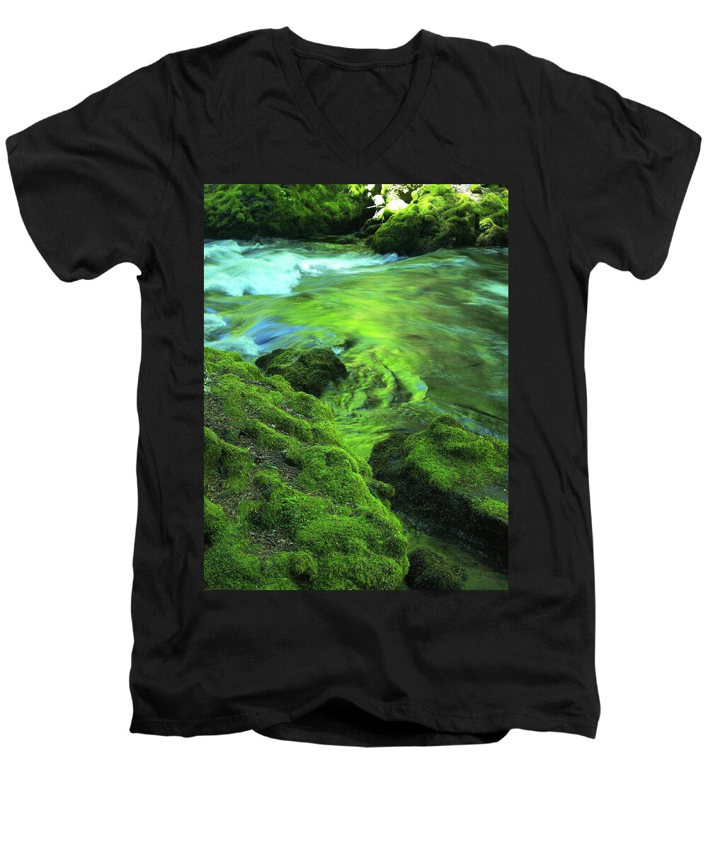 Green Men's V-Neck T-Shirt featuring the photograph Stream above Whitehorse falls by Teri Schuster