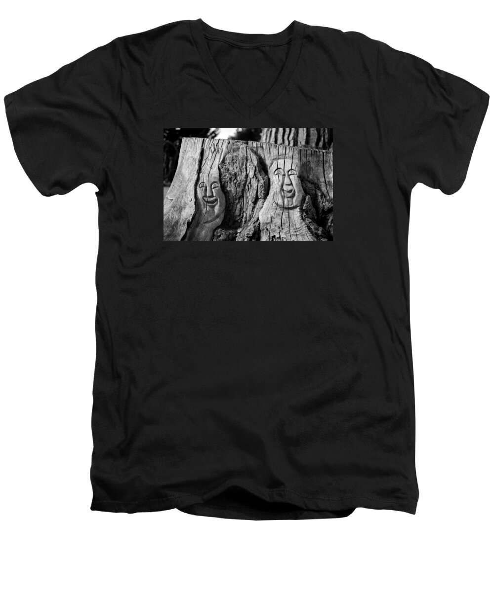 Tree Stump Men's V-Neck T-Shirt featuring the photograph Stump faces 2 by Stephen Holst