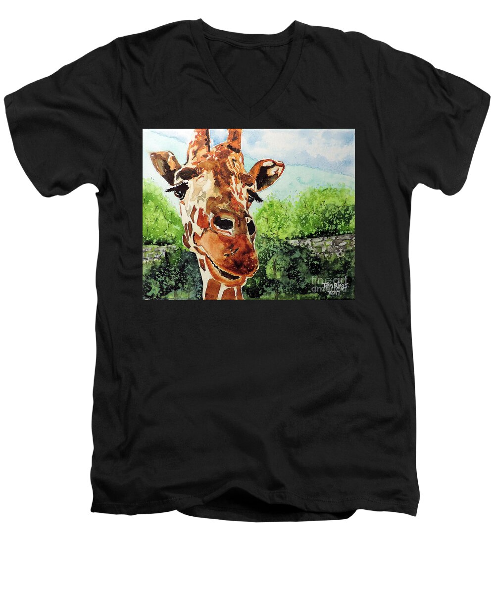 Giraffe Men's V-Neck T-Shirt featuring the painting Such a Sweet Face by Tom Riggs