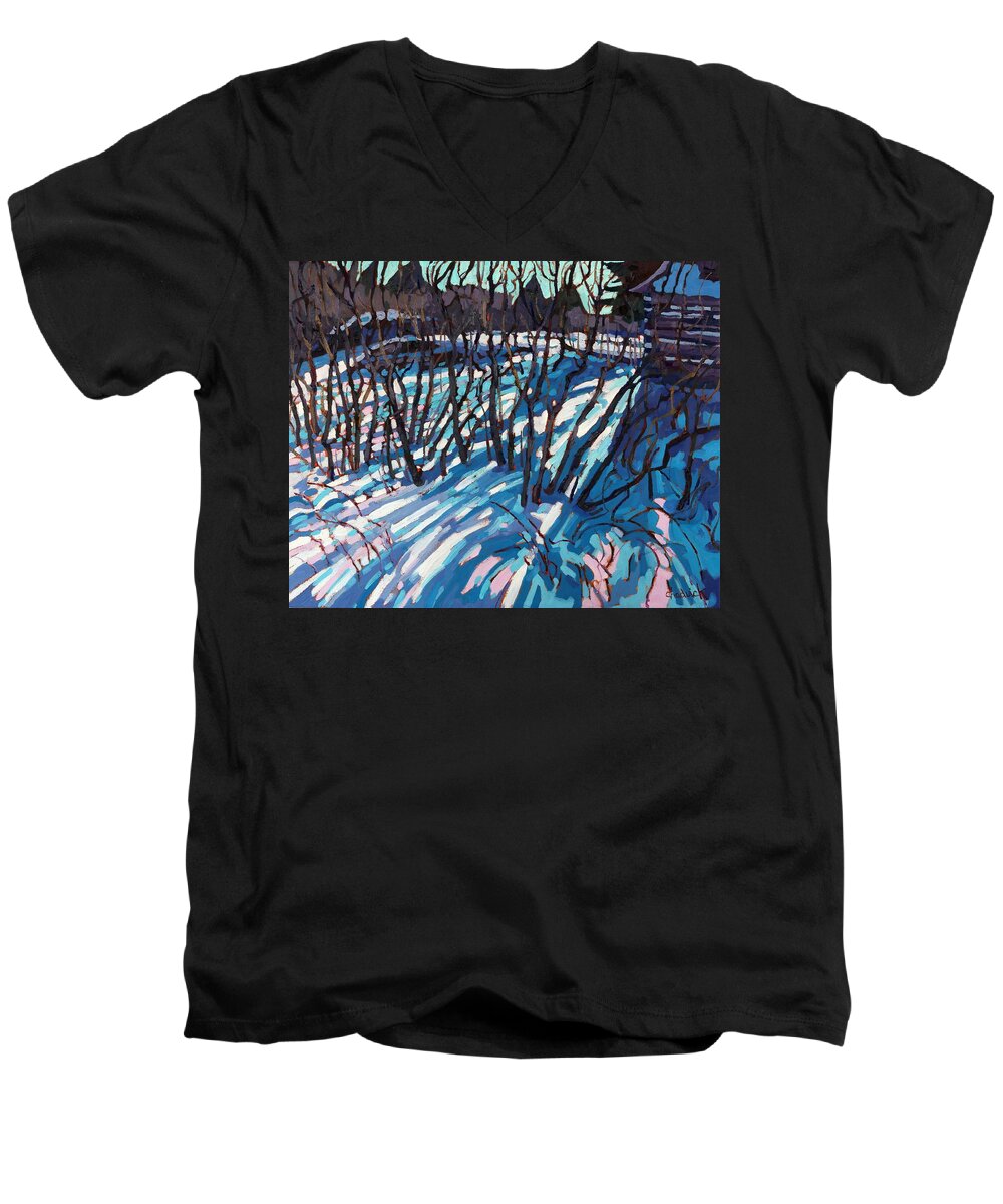 Log Men's V-Neck T-Shirt featuring the painting Sumac Snow Shadows by Phil Chadwick