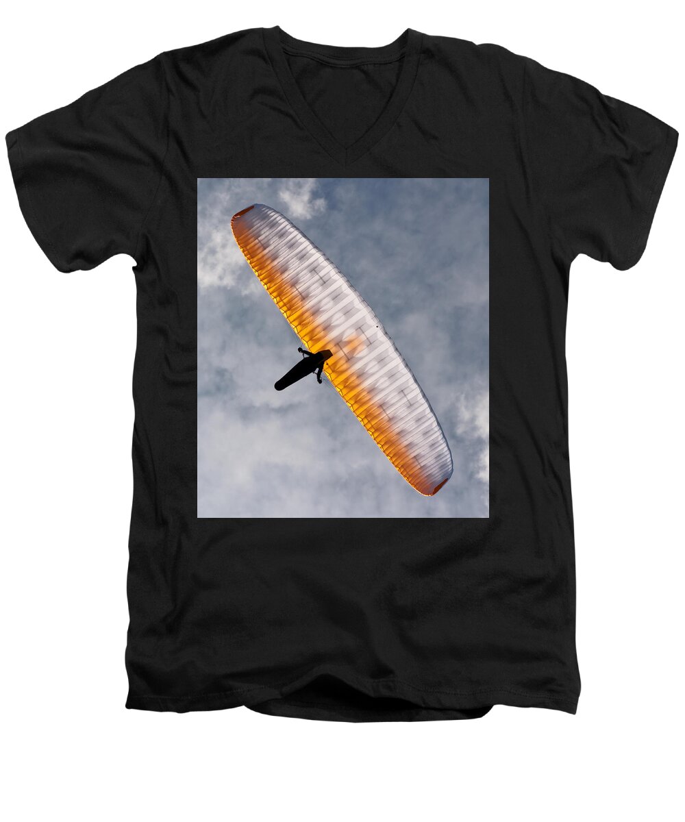 Paraglider Men's V-Neck T-Shirt featuring the photograph Sunlit Paraglider by Bel Menpes