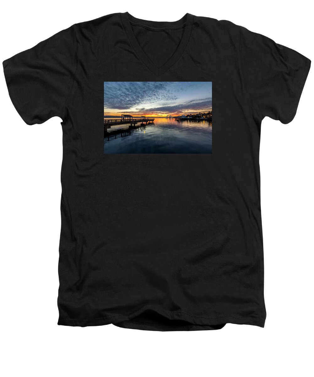 Red Men's V-Neck T-Shirt featuring the photograph Sunrise Less Davice Pier by Rob Green
