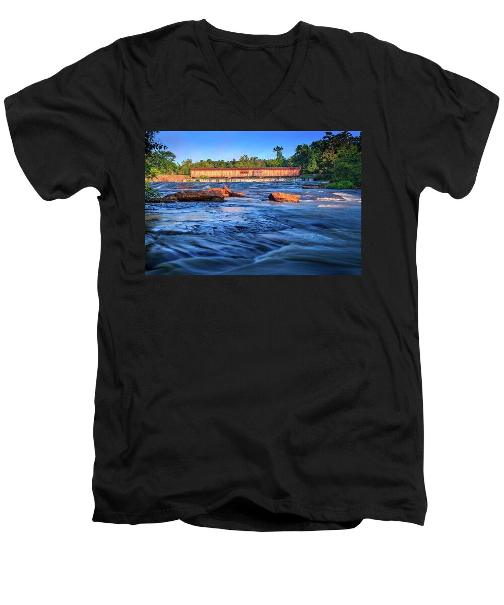 Covered Bridge Men's V-Neck T-Shirt featuring the photograph Sunrise on Watson Mill Bridge by Doug Camara