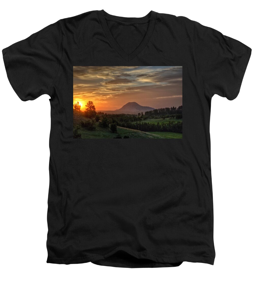 Bear_butte Men's V-Neck T-Shirt featuring the photograph Sunrise Serenity by Fiskr Larsen