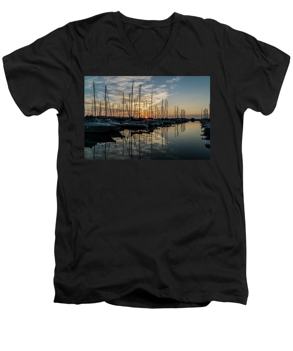 Sunrise Men's V-Neck T-Shirt featuring the photograph sunrise though the masts of Chicago sail boats by Sven Brogren