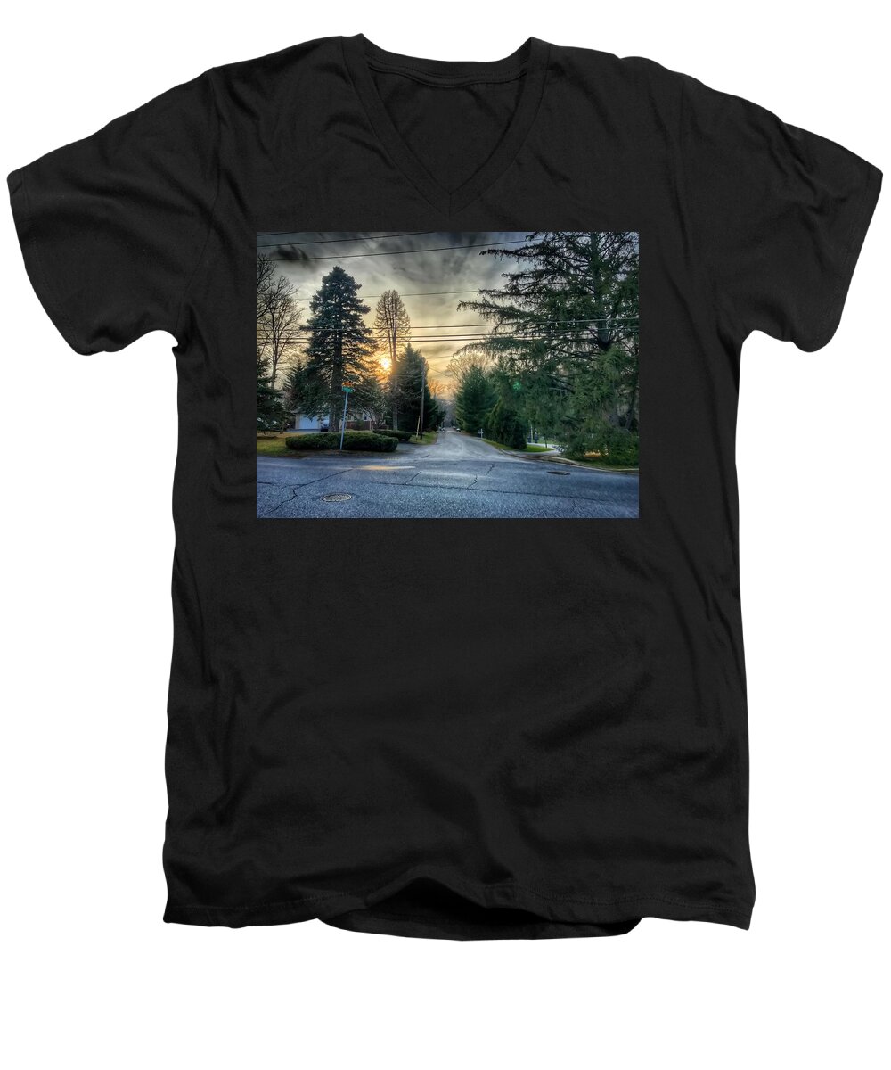 Sunset Men's V-Neck T-Shirt featuring the photograph Sunset on Hilltop Drive by Chris Montcalmo