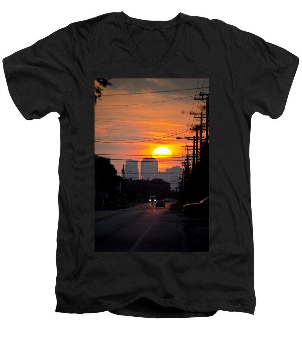 Setting Sun Men's V-Neck T-Shirt featuring the photograph Sunset on the City by Carolyn Marshall