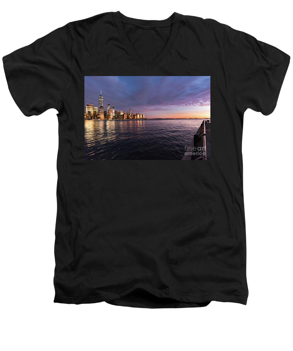 Nyc Men's V-Neck T-Shirt featuring the photograph Sunset on the Hudson River by Zawhaus Photography