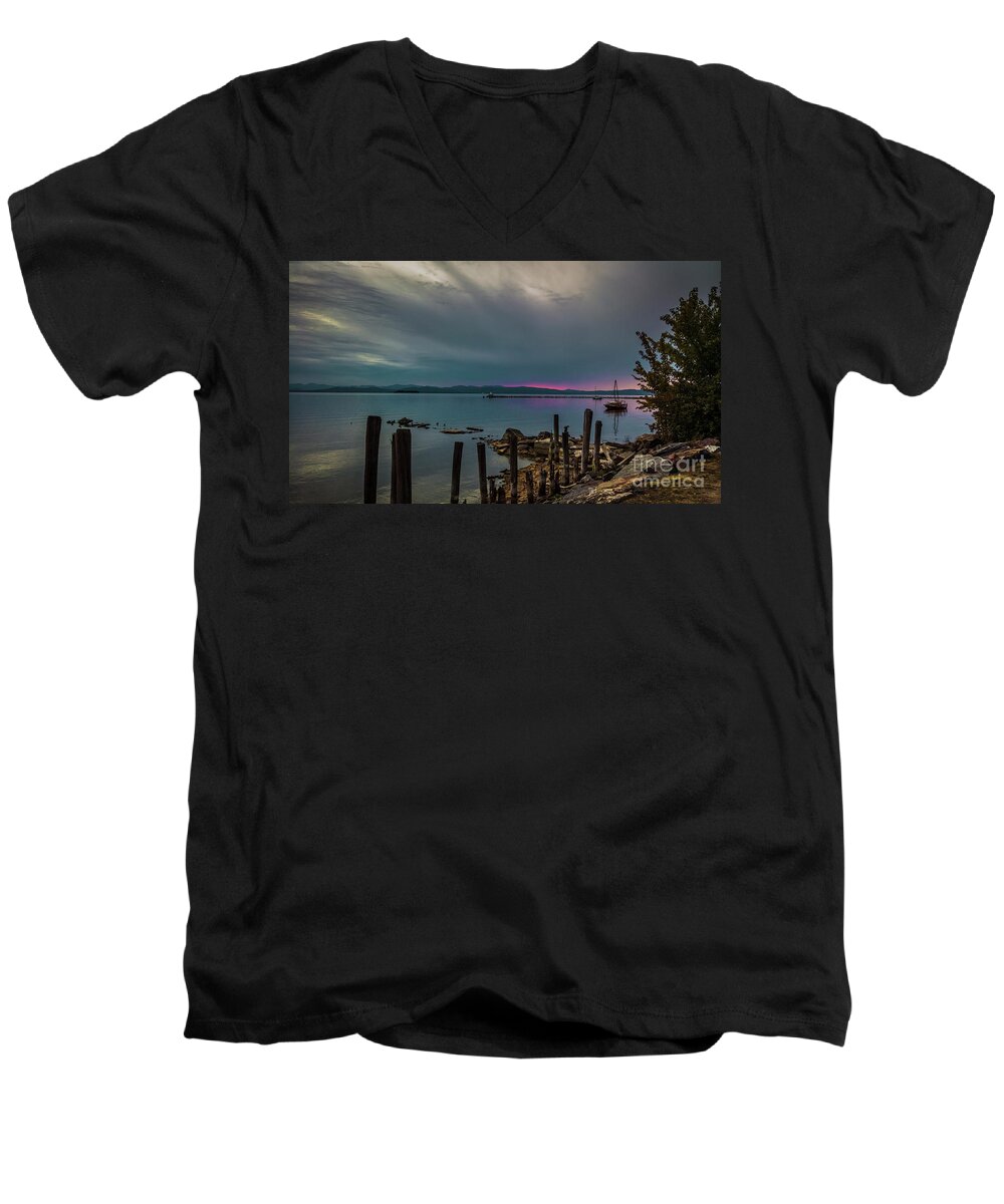 Lake Men's V-Neck T-Shirt featuring the photograph Sunset over lake Champlain by Agnes Caruso