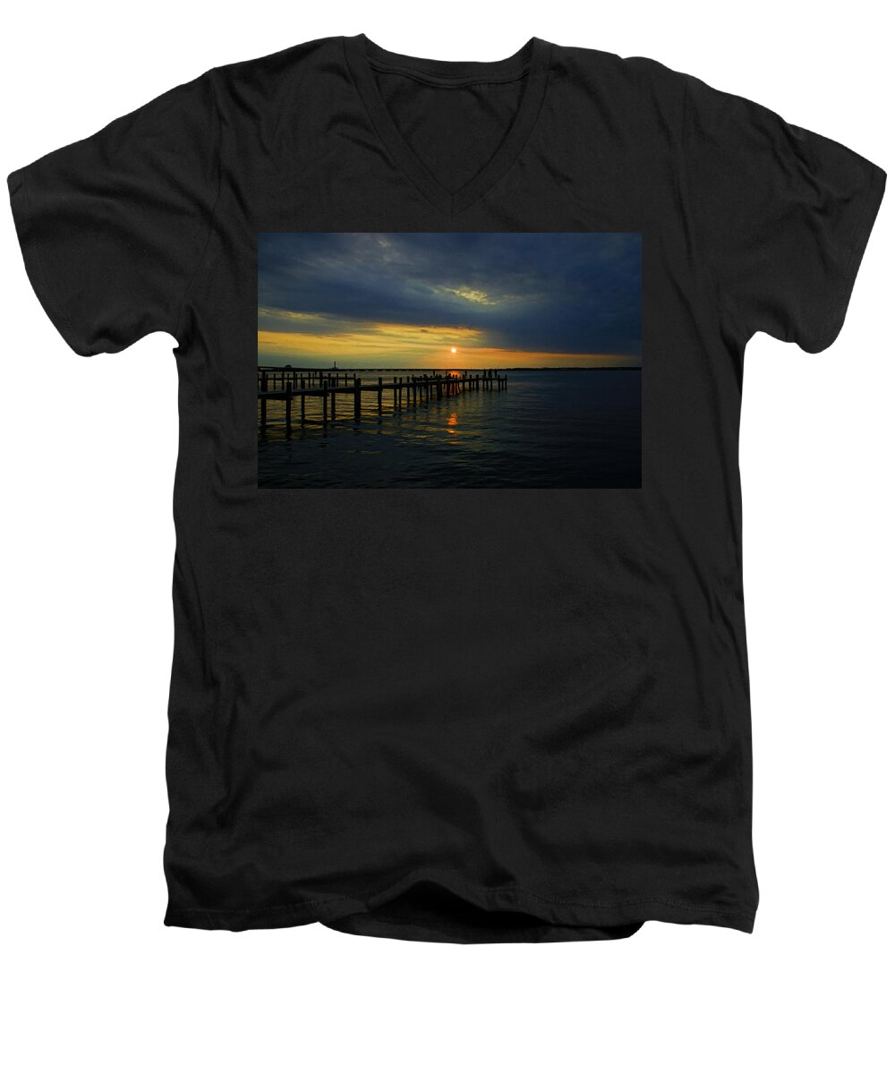 Sunset Men's V-Neck T-Shirt featuring the photograph Sunset Over the Bay by Allen Beatty
