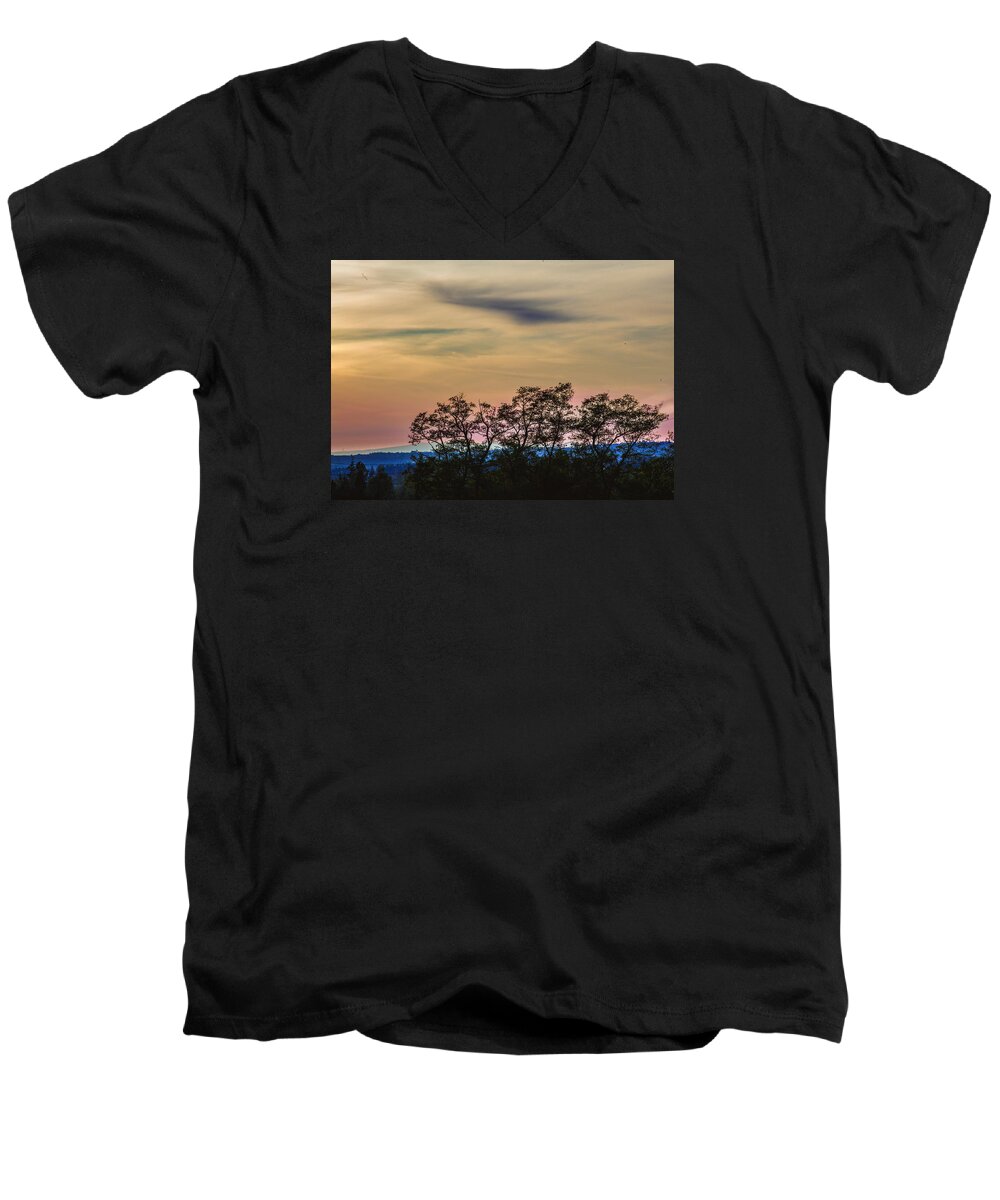 Lynden Men's V-Neck T-Shirt featuring the photograph Sunset Silhouette by Judy Wright Lott