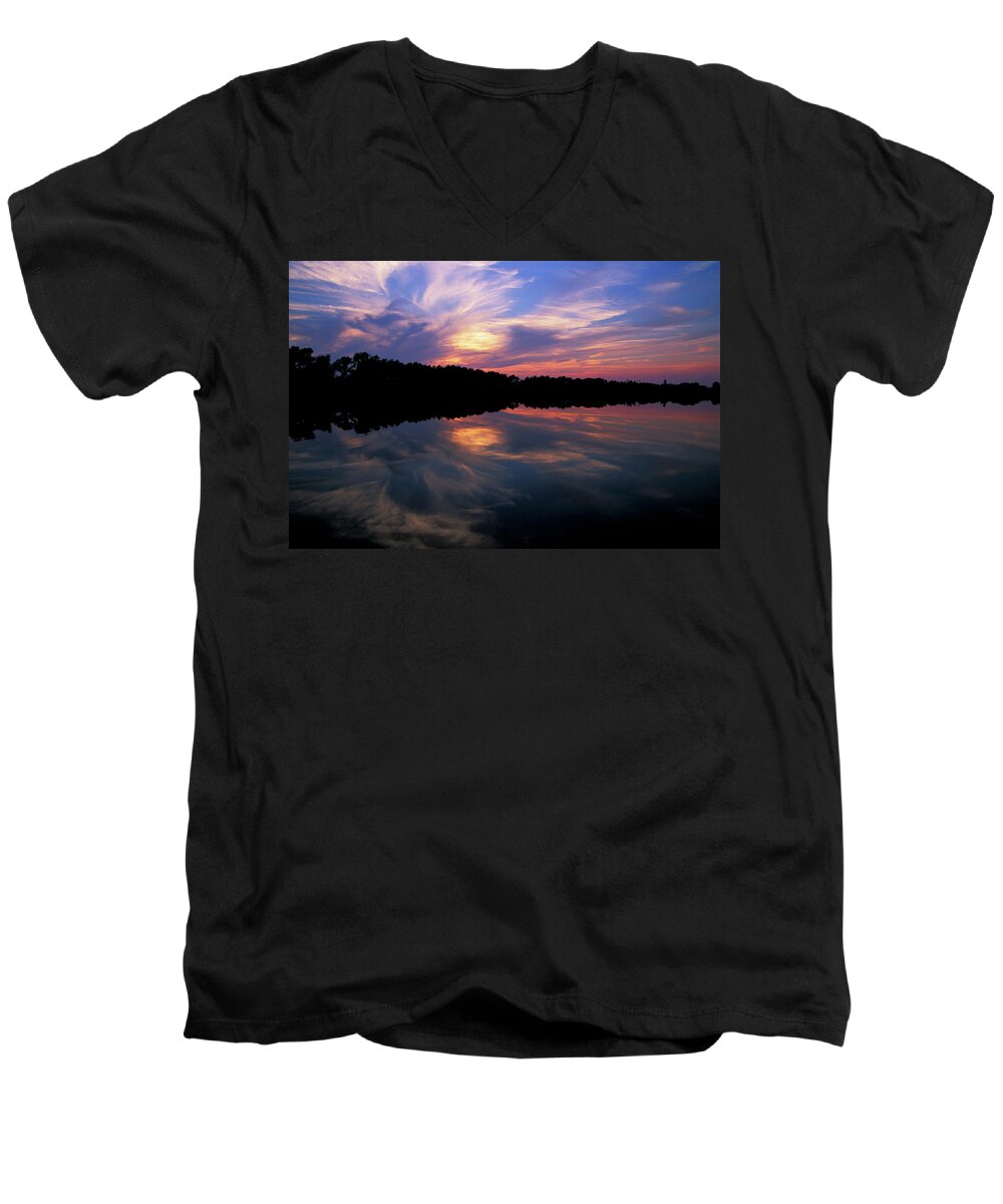 Sunset Men's V-Neck T-Shirt featuring the photograph Sunset Swirl by Steve Stuller