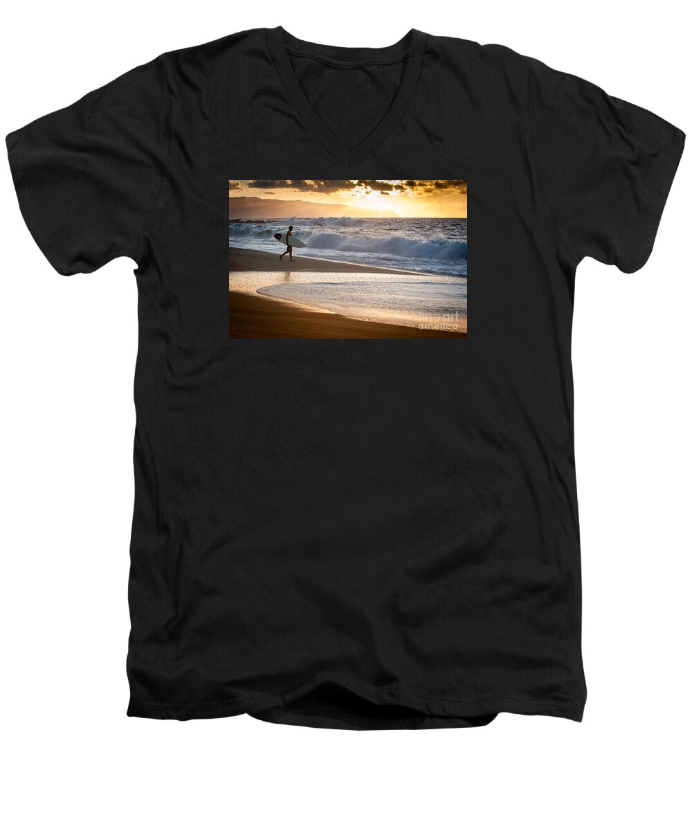 North Shore Men's V-Neck T-Shirt featuring the photograph Surfer on Beach by Patti Schulze