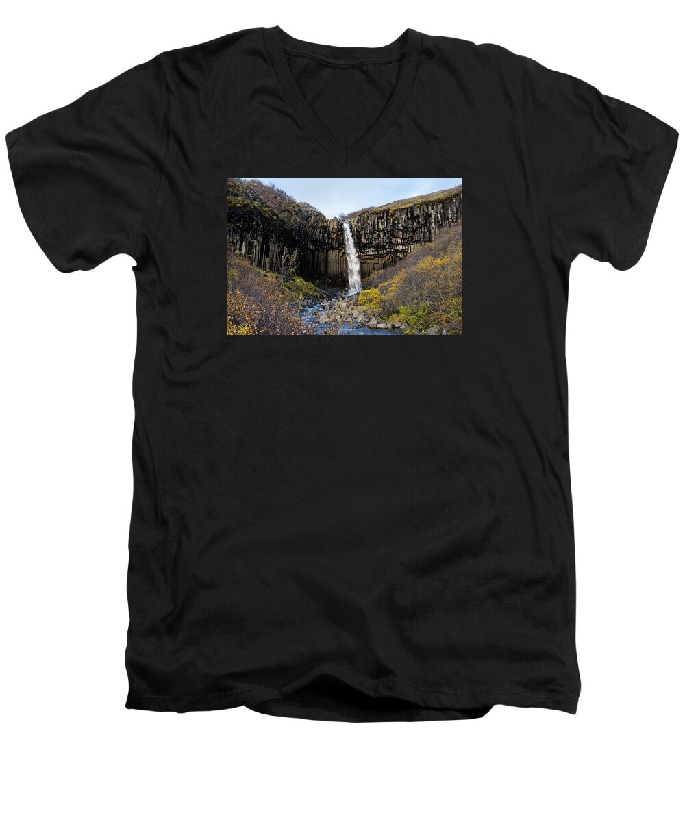 Basalt Men's V-Neck T-Shirt featuring the photograph Svartifoss by James Billings